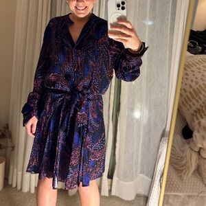 Reiss Blue and Purple Long Sleeve Sundress with Notched Collar